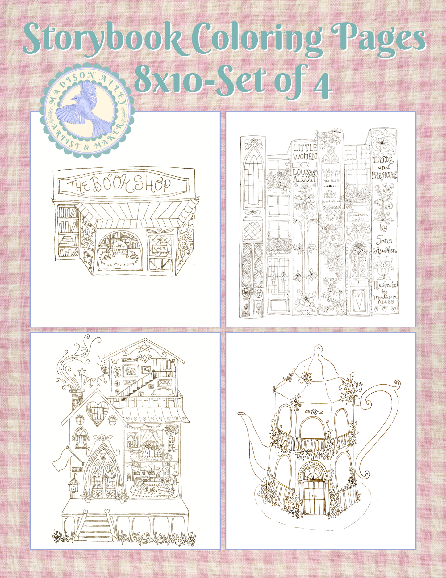 Storybook Coloring Page Prints- Set of 4 - 8x10