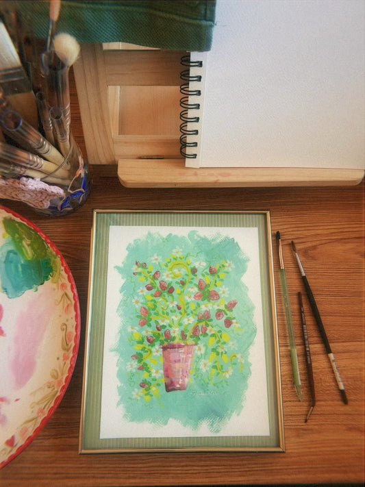 Strawberries & Blossoms – Original Gouache Painting