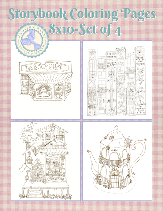 Storybook Coloring Page Prints- Set of 4 - 8x10